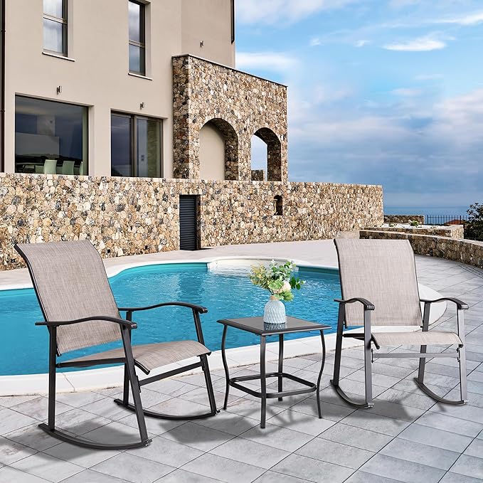 Vongrasig 3 Piece Outdoor Rocking Bistro Set, Textilene Fabric Small Patio Furniture Set, Front Porch Rocker Chairs Conversation Set with Glass Table for Lawn, Garden, Balcony, Poolside (Taupe) Vongrasig