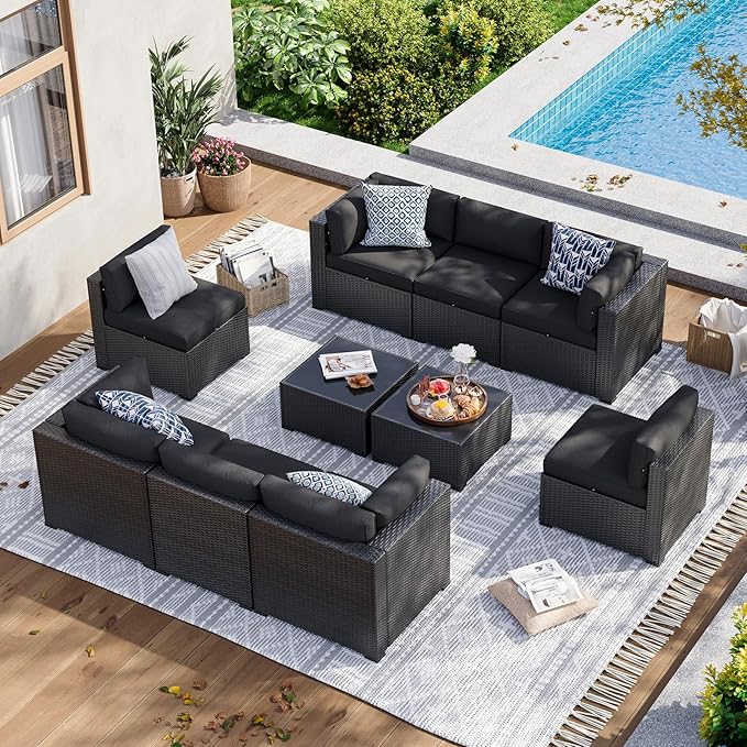 Aoxun 10 Piece Patio Furniture Set Wicker Rattan Patio Sectional Sofa Set Outdoor Seating Furniture with Thickened Cushion, Black Aoxun