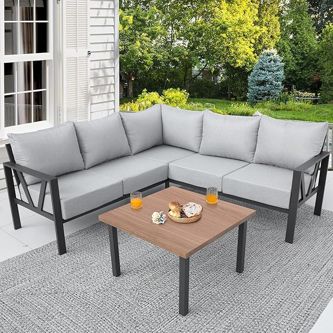 Outdoor Furniture Set, 6 Pieces Outdoor Couch Sectional, L Shaped Metal Patio Corner Sofa with 6” Thick Cushions, Patio Seating Conversation Set, Light Grey COMLAXFIELD