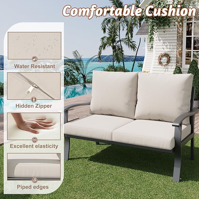 HOMREST Outdoor Loveseat Aluminum Patio Furniture Sofa, All-Weather Metal Outdoor Couch with Cushions, Beige HOMREST