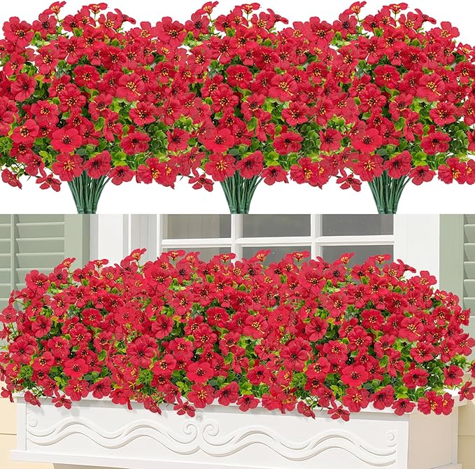 Bassion Artificial Flowers for Outdoors, 24 Bundles UV Resistant Fake Flowers Realistic Silk Faux Plants for Outdoor Planter Window Box Porch Patio Garden Home Outside Decorations Bassion