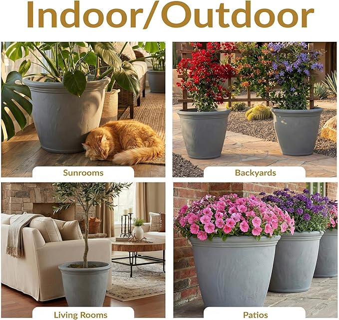 Sunnydaze 20-Inch Anjelica Large Plastic Pot for Plants - Outdoor Double-Walled Large Plastic Planter with Drillable Drainage Holes - Light Gray - 2pk SunnydazeDecor