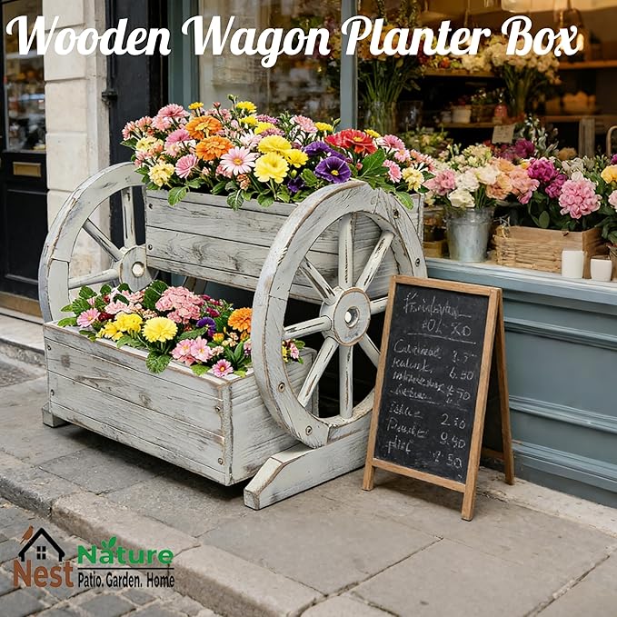 NestNature Wooden Wagon Planter Box,Raised Garden Bed,Decorative Garden Planters with Wheels-Outside Flower Pots for Indoor/Outdoor Décor Plants (Antique White) NestNature