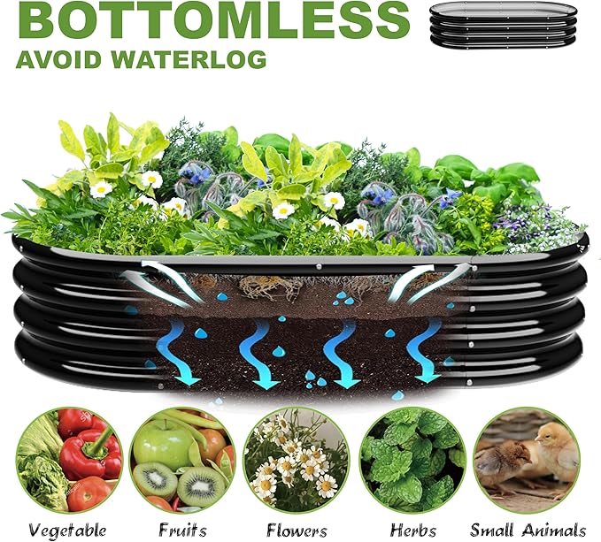 2Pcs 4X2X1ft Oval Raised Garden Bed Kit,Galvanized Raised Garden Beds Outdoor, Metal Planter Box Steel Kit Flower Herb,Vegetables..Black Rootora