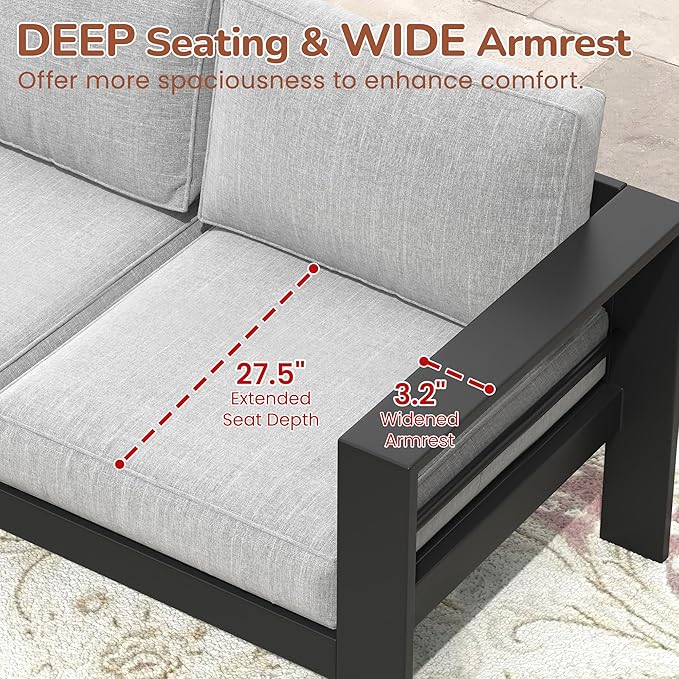 Solaste Aluminum Patio Loveseat, Metal Patio Sofa with Water-Resistant Cushion, Weather-Resistant Modern Outdoor Loveseat, Black Frame Grey Cushion Solaste