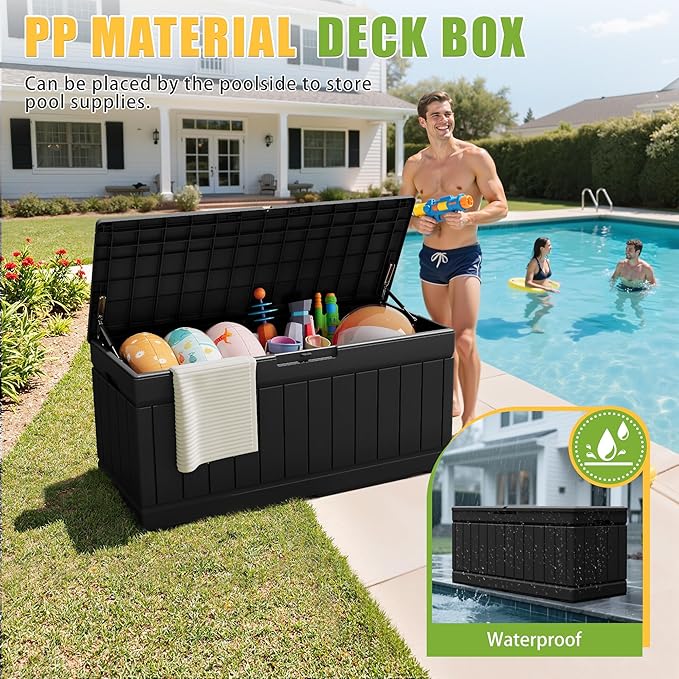 Greesum Outdoor Storage Box 82 Gallon Storage Bin with Lid for Patio Furniture, Garden Tools, Pool Supplies, Waterproof and UV Resistant, Lockable, Black BuynowfromGreesum