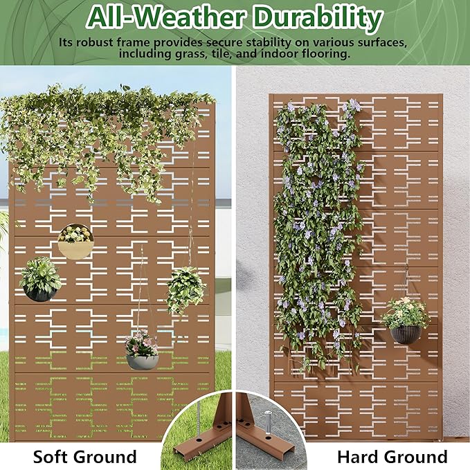 Casaphoria Metal Privacy Screen Outdoor, 72" H x 35" W Freestanding Decorative Privacy Screen for Patio Deck Balcony Garden with Stable Base, Brown-Brick Casaphoria