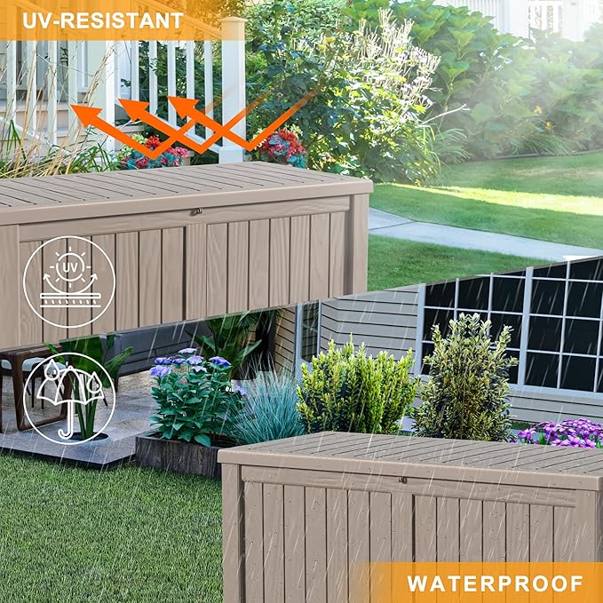 DRATO 120 Gallon Large Deck Box, Outdoor Storage Box for Patio Furniture, Patio Cushions, Gardening Tools, Pool Supplies,660lbs Weight Capacity,Waterproof Resin Storage Boxes（Gray，120 Gallon） DRATOprovidesawarmandcozy