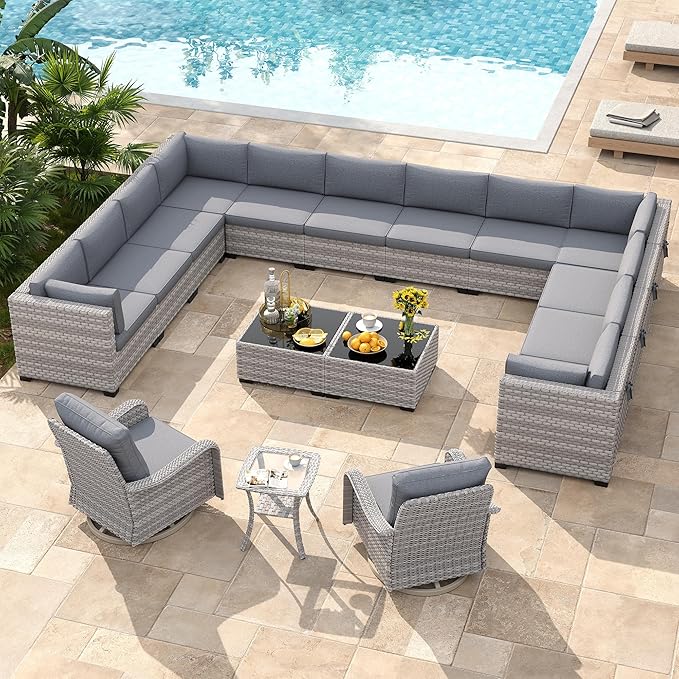 14-Seat Modern Patio Furniture Set with Swivel Rocking Chairs, Thick 4″ Cushions, Dual-Strand Wicker Rattan, Rust-Resistant Steel Frame – Outdoor Conversation & Modular Sectional,Gray MASIONBACKYARDS