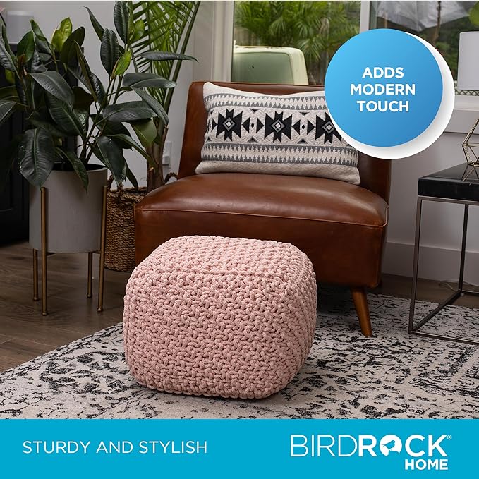 BIRDROCK HOME Square Pouf Ottoman | Cotton Braided Foot Stool with Bean Bag Filling | Boho Foot Rest for Living Room, Bedroom | Compact & Comfortable Seating, Lightweight & Sturdy | Dusty Rose BIRDROCKHOME