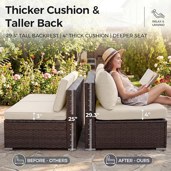 NICESOUL 29.3'' High Back Outdoor Patio Sectional Furniture with Firepit Table Natural Gas & Propane Convertible, 8 Seater Deep Wide Modern Couch, Extra Large Wicker Conversations for Backyard, Brown NICESOUL
