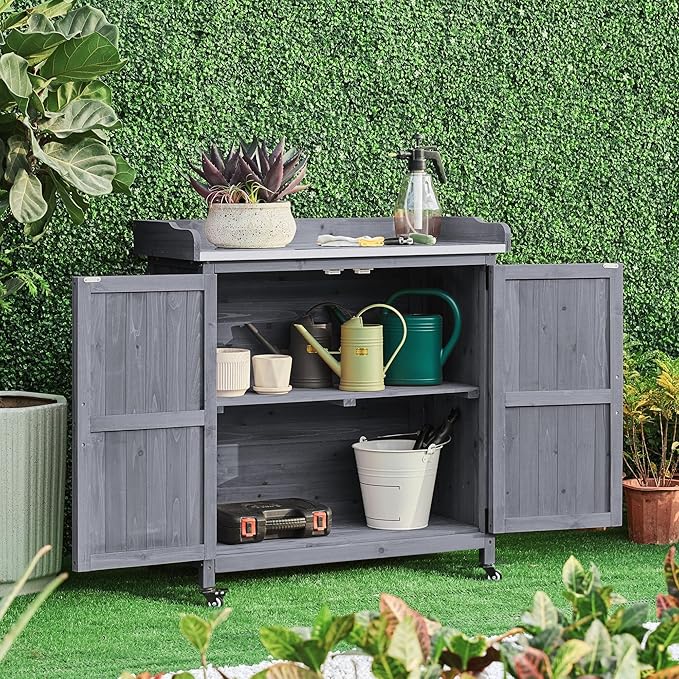 Yaheetech Garden Potting Bench Table, Outdoor Garden Horticultural Wooden Storage Cabinet & Solid Wood Planting Work Bench with Large Space Storage & Metal-Plated Tabletop, Gray Yaheetech
