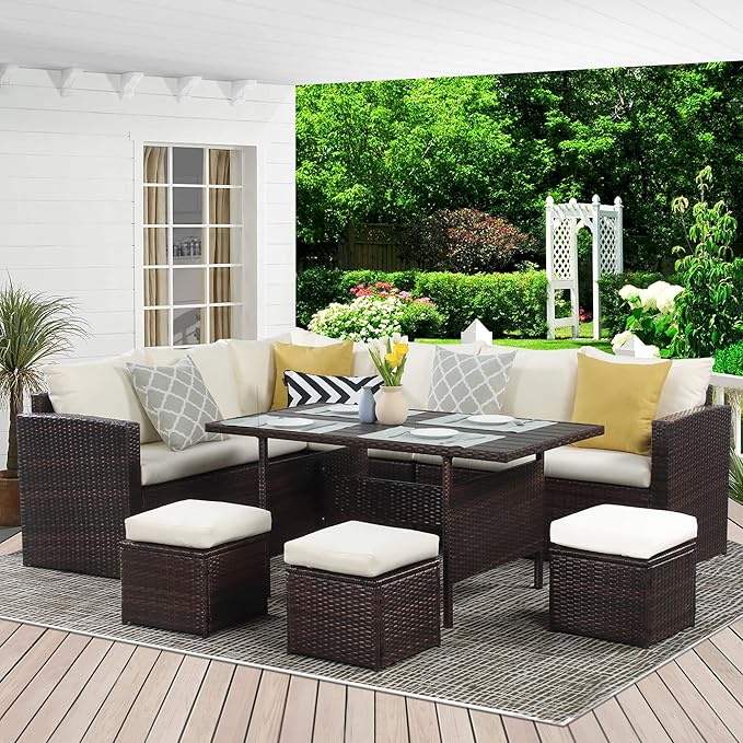 Wisteria Lane Patio Furniture Set, 7 Piece Outdoor Dining Sectional Sofa with Dining Table and Chair, All Weather Wicker Conversation Set with Ottoman, Ivory WisteriaLane