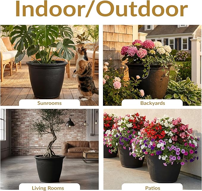 Sunnydaze 24-Inch Anjelica Large Plastic Pot for Plants - Outdoor Double-Walled Large Plastic Planter with Drillable Drainage Holes - Matte Black - 2pk SunnydazeDecor