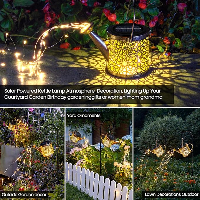 Solar Lights Outdoor Decorative, Metal Watering Can Lights Waterproof, Small Hanging Garden Decor Yard Outside Patio Lawn, Gifts for Mom Grandma Women Birthday(Warm White) Misawce
