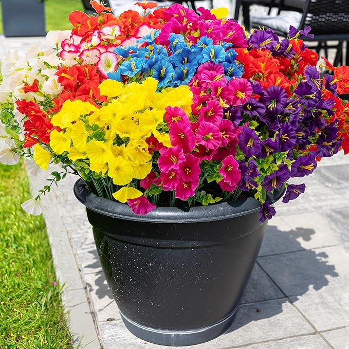 16PCS Artificial Fake Flowers for Outdoors/Indoors, Faux Silk Colorful Morning Glory with Eucalyptus, UV Resistant Realistic Floral Arrangement for Garden Porch Window Box Home Balcony Yard (8 Colors) ColoPlay