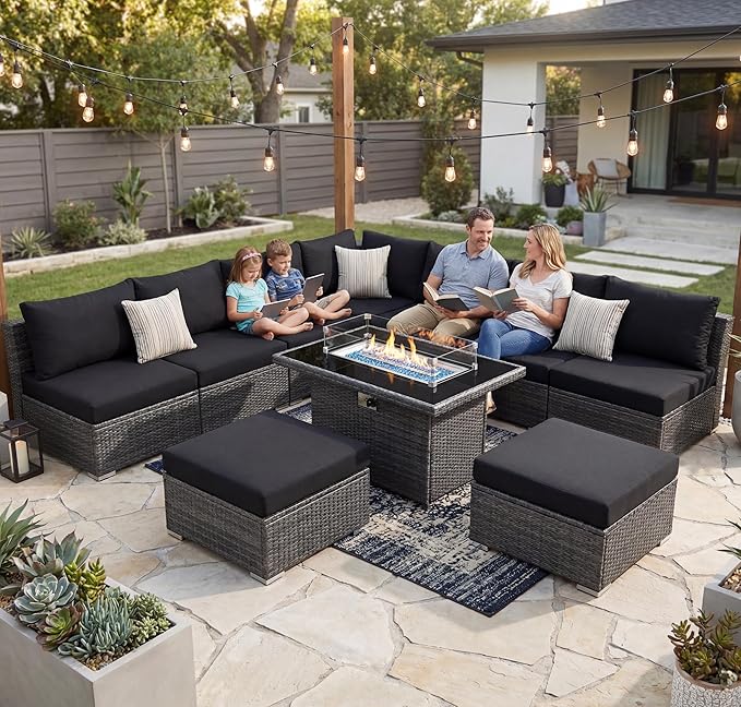 NICESOUL 10 Pcs Outdoor Sectional Set with Natural Gas/Propane Firepit Table, 29.3'' High-Back Patio Furniture Sofa Set, Oversized Rattan Couches for Backyard Garden Lawn, 2 Color Cushion Black & Gray NICESOUL