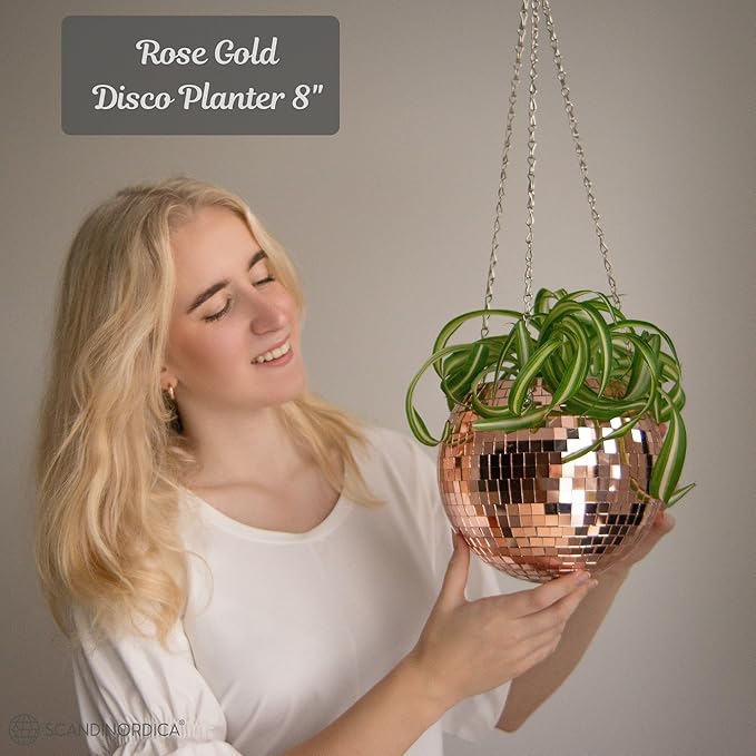 SCANDINORDICA Disco Ball Planter – Value Package: Mirror Disco Planter with Chain, Macrame Hanger and Acrylic Stand for Desk, Includes Self Watering Insert, Plant Gifts | 8 inch Rose Gold SCANDINORDICA