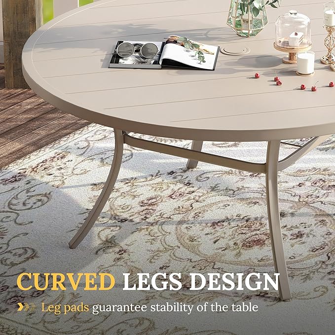 VICLLAX 63" Outdoor Round Patio Table with Umbrella Hole, All Weather Metal Round Outdoor Dining Table for Lawn Garden, 8-10 Person Table, Sandshell HOME