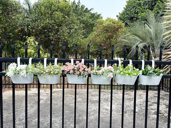 10" Hanging Flower Pots, Pack of 4 White Metal Outdoor Patio Balcony Planter, Railing Planters Fence Pot with Detachable Hook & Drainage Hole for Small Plants (White, 4Pcs) JOYFERNAL