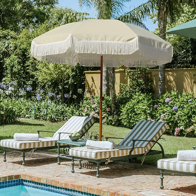 AMMSUN 7ft Patio Umbrella with Fringe Outdoor Tassel Umbrella UPF50+ Premium Steel Pole and Ribs Push Button Tilt, Light Beige AMMSUN