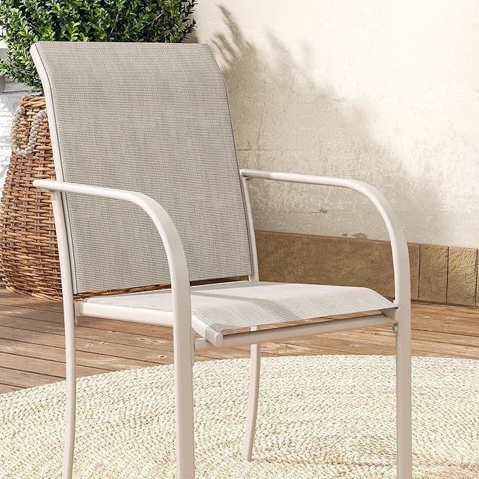 VICLLAX 5 Pieces Patio Dining Set, Outdoor Furniture Set Includes 37.8" Square Outdoor Table and 4 Stackable Patio Sling Chairs, Grey Wood-Like Tabletop and Sandshell Color Fabric HOME