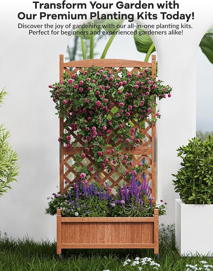 GarveeLife 1PC Wood Planter Box with Trellis - 29.5"x26"x61.5" Tall Raised Garden Bed with Wheels, Drainage Holes, Vertical Flower Stand for Patio Horticulture GarveeLife