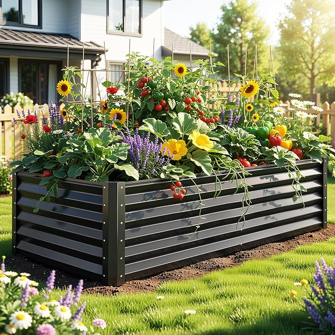 YITAHOME 6x3x1.5 ft Galvanized Raised Garden Bed Kit, Large Metal Planter Box with Gloves & Support Rod, Outdoor Flower Bed for Plants Vegetables, Black YITAHOME
