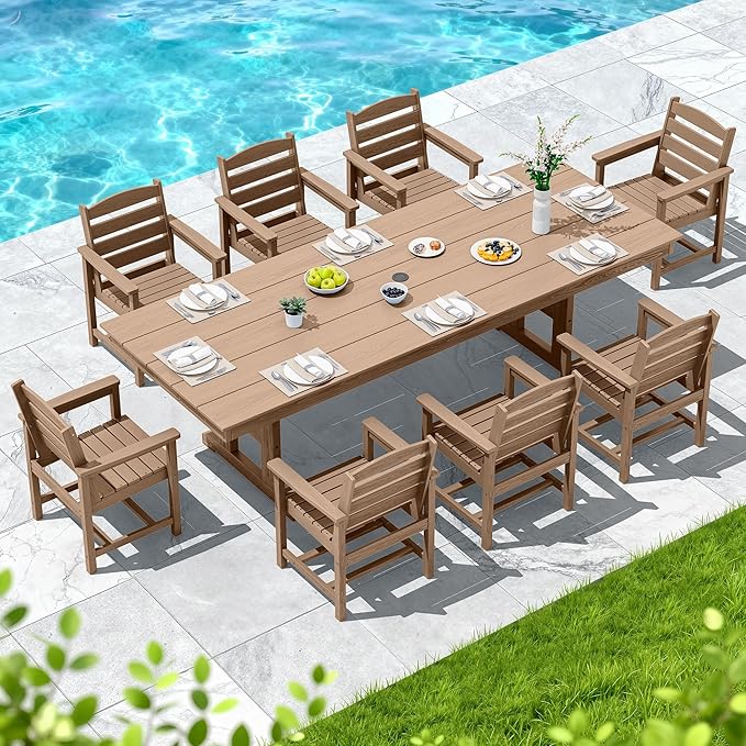 SERWALL 9 Piece Outdoor Dining Set, 84" HDPE Outdoor Table and Chairs for 8，All Weather Patio Furniture Set with Umbrella Hole for Backyard, Garden, Brown SERWALL