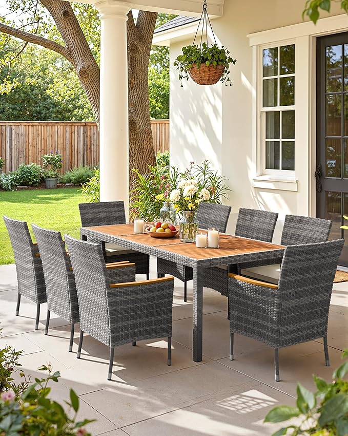 Flamaker 9 Piece Patio Dining Set Outdoor Acacia Wood Table and Chairs with Soft Cushions Wicker Patio Furniture for Deck, Backyard, Garden (Grey) Flamaker