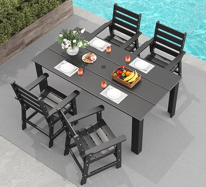 GREENVINES 5-Piece Outdoor Dining Set | HDPE | Patio Table and Chairs Sets for 4 | Patio Furniture | All Weather | Umbrella Hole | Black | for Backyard Poolside Garden GreenVines