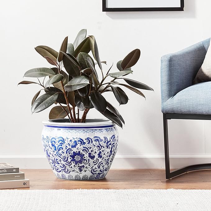 Red Lantern 16" Floral Blue & White Porcelain Fishbowl Planter RedLantern