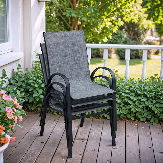 Flamaker Patio Chairs Stackable Dining Chairs Set of 4 Metal and Teslin Outdoor Chairs for Lawn Deck Balcony Porch (Grey) Flamaker