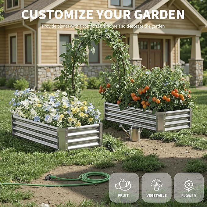 Galvanized Raised Garden Bed,Outdoor Planter Box Metal Patio Kit Planting Bed for Vegetables Flowers Herb (Galvanized, 4x2x1ft-2p) Anmiro
