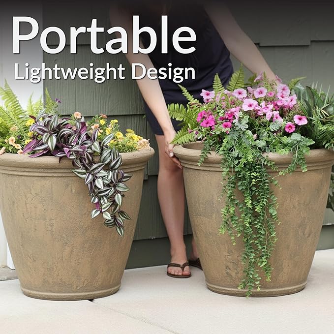Sunnydaze 24-Inch Anjelica Large Plastic Pot for Plants - Outdoor Double-Walled Large Plastic Planter with Drillable Drainage Holes - Beige - 2pk SunnydazeDecor