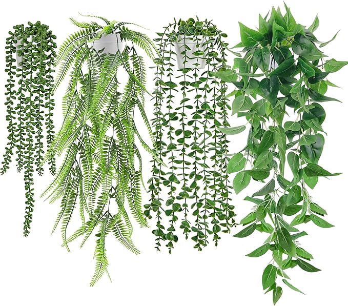 Der Rose 4Pcs Fake Plants Hanging Artificial Ivy Vine Faux Eucalyptus Hanging Plants, Boston Fern, String of Pearls for Living Room Bedroom Boho Wall Shelf Indoor Outdoor Decor (White Pots) DerRose