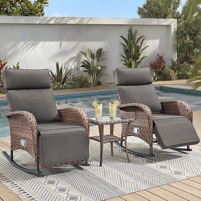 3 Pieces Zero Gravity Wicker Patio Rocking Recliner Chairs Set of 2 - Wicker Outdoor Lounge Chair with Side Table, Adjustable Backrest & Footrest, High Back Outdoor Recliner Chair for Pool Deck Gray JelwalyPatioFurnitureSet