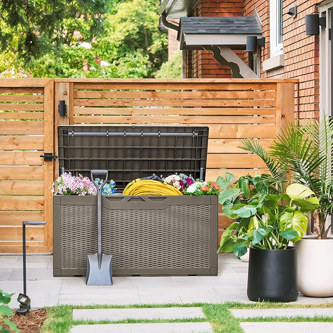 Devoko 100 Gallon Deck Box, Waterproof Resin Outdoor Storage Box with Cushion for Outside, Large Outdoor Storage Bench Cabinet Lockable for Patio Furniture and Garden Tools (Brown) DEVOKO
