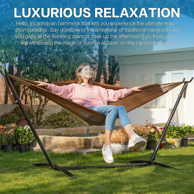 PNAEUT Double Hammocks with Stand for Outside, Portable Space Saving Heavy-Duty Steel Stand for Indoor Outdoor Patio (Mayan Desert) PNAEUT