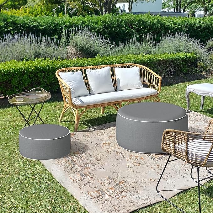 LVTXIII Outdoor/Indoor Inflatable Ottoman, 21"x21"x9" Patio Footrest Stool, Portable Round Pouf Ottoman for Patio Garden, Camping or Home Decoration, Grey Textured LVTXIII