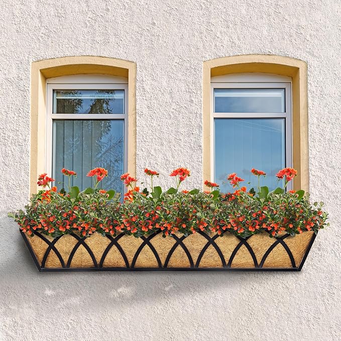 30 Inch Window Deck with Coco Liner Set of 4, 30" Window Boxes Horse Trough with Coconut Coir Liner, Metal Hanging Flower Planter Basket Deck Railing Planter Boxes for Outdoor Indoor Lawn LAWYAMAI