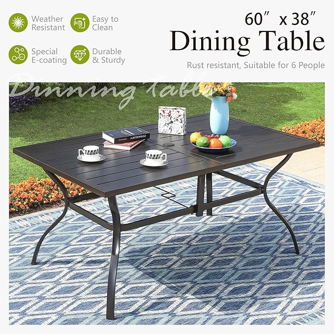 Sophia and William Patio Dining Set for 6, Outdoor Table and Chairs, Removable Seat Cushions, 60" Black Patio Dining Table,Blue SophiaWilliam