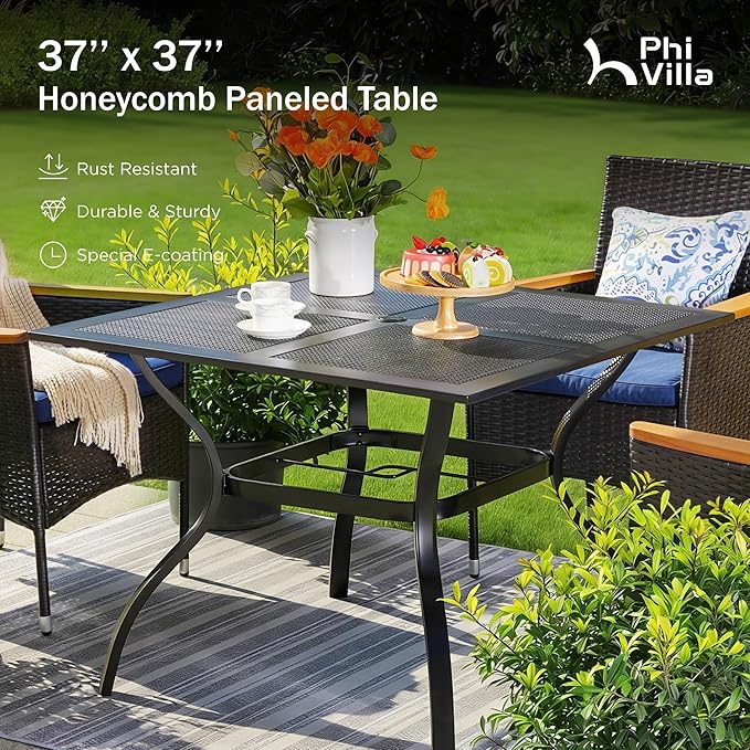 PHI VILLA 37 Inch Outdoor Dining Table Metal Steel Mesh Patio Dining Table Umbrella Table with 1.57" Umbrella Hole (Mesh) PHIVILLAThepioneerofcomfortablehouseholdsupplies