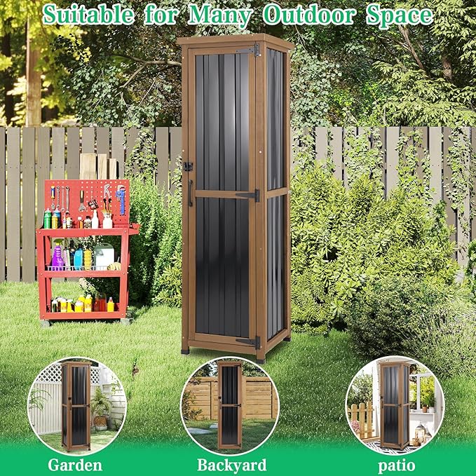 Outdoor Storage Cabinet Weatherproof, Tall Wood Garden Potting Bench Table with Removable Shelves, Metal Top, Outdoor Patio Cabinet Work Station for Tool Accessories,17.8''x17.8''x62'' MAGAZOOPET