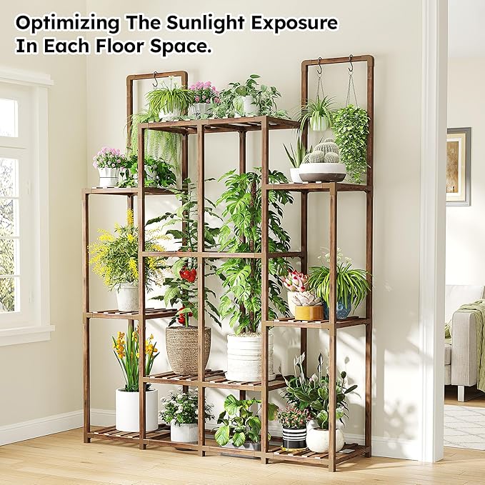 EnHomee Plant Stand Indoor Wood Plant Stand Outdoor Plant Shelf with 14-18 Potted Double Rod Large Plants Holder 440LBS Plants Shelves for Living Room Patio Balcony Yard Garden 44.8''W×11.6''D×47''H EnHomee