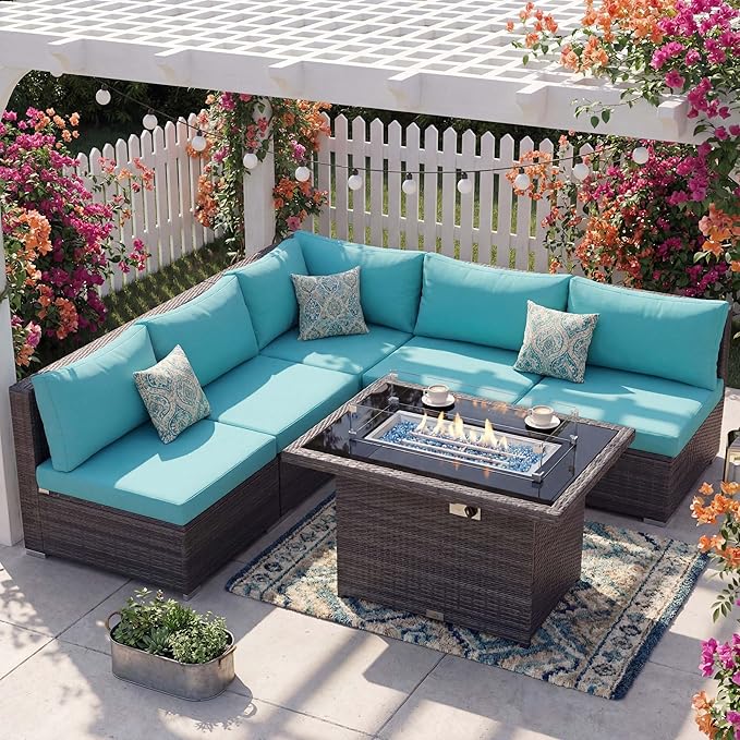 NICESOUL 6 Piece L Shaped Patio Furniture Set with Fire Pit Natural Gas/Propane, 29.3'' High Back Comfy Outdoor Conversations for Outside, Big Size Deep Wide Couches, 2 Color Cushion Turquoise & Grey NICESOUL