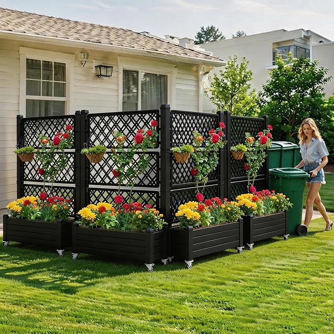 YITAHOME 43.3x17.7x61 in Planter Trellis Box with Wheels & Drain Plug, Outdoor Resin Raised Garden Bed for Climbing Plants, Large Weather-Resistant Design, Black YITAHOME