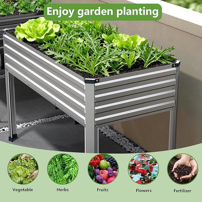 48×24×30in Galvanized Raised Garden Bed,Metal Elevated Planter Box with Legs for Patio,Balcony,Backyard,300lb Capacity,Silver Easllre
