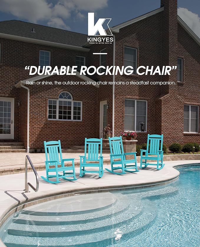 KINGYES HDPE Outdoor Rocking Chair Set of 4, All-Weather Poly Patio Rocking Chairs with 330lbs Support for Adults, Aruba Blue KINGYES