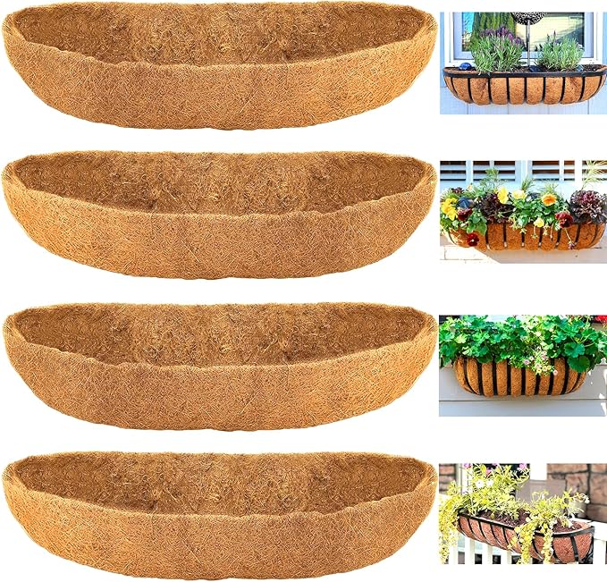 Coco Liners for Planters - 4 Pack 30 Inch Trough Coconut Liners for Planters, Window Box Coco Liners, 100% Natural Coconut Fiber Liners for Wall Hanging Basket, Window Box, Fence Baskets LCHUANG